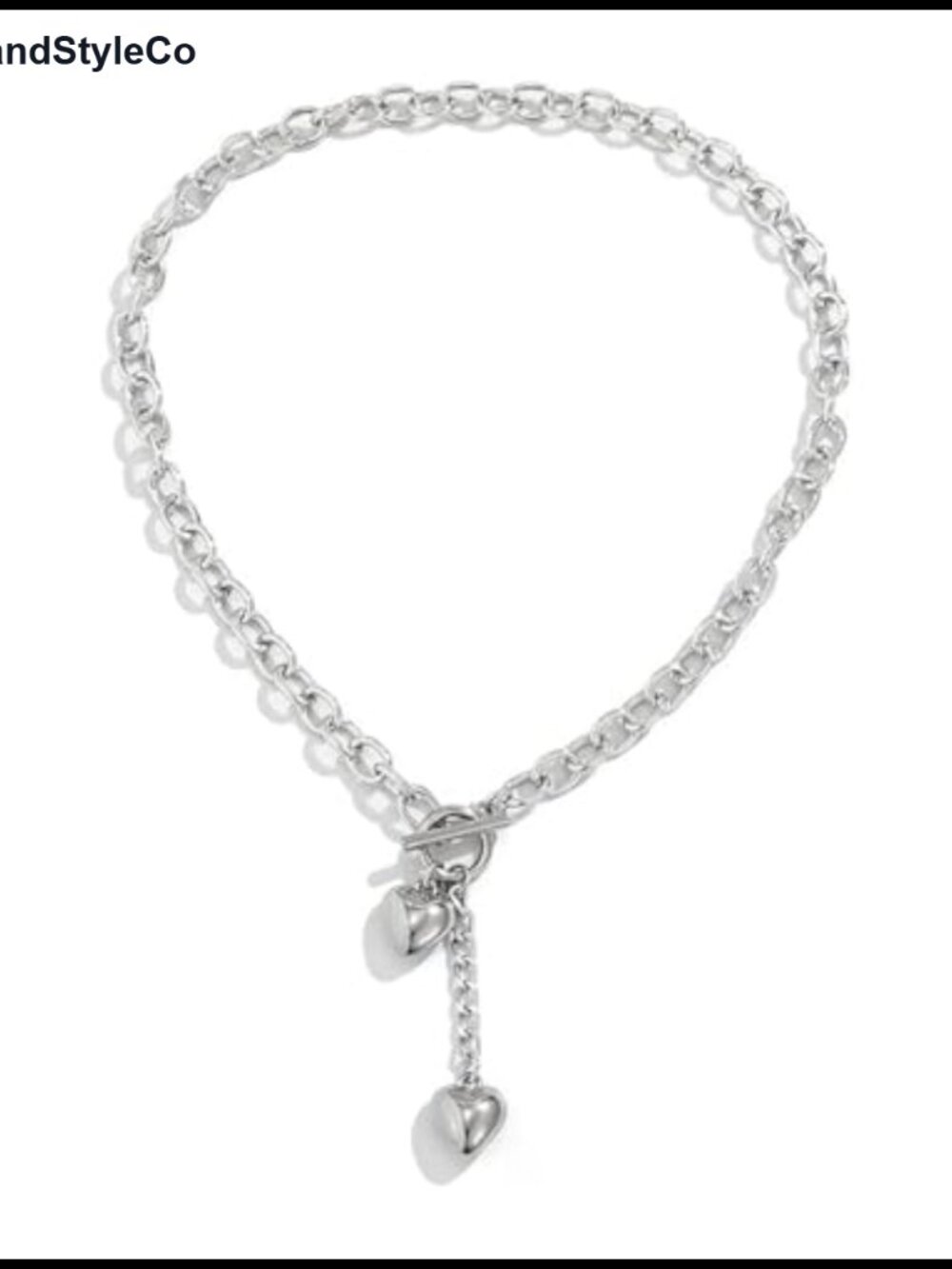 Silver Chunky Puffy Heart Pendant Necklace, Toggle Clasp, Retro Style